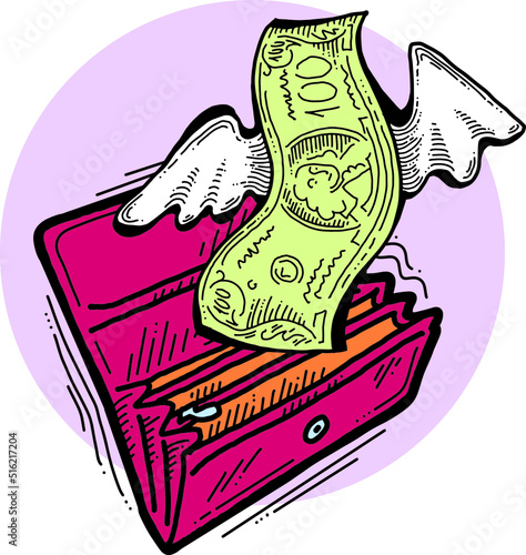 Money cash flying into and out of wallet. Income transfer, currency revenue, inflation and deflation, finance and business theme. Hand drawing vector illustration. Cartoon style line drawing.