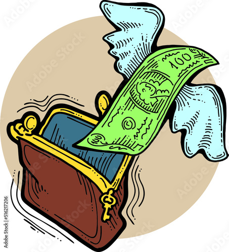 Money cash flying into and out of wallet. Income transfer, currency revenue, inflation and deflation, finance and business theme. Hand drawing vector illustration. Cartoon style line drawing.