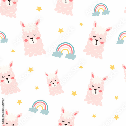 Children's seamless pattern with pink llama, with rainbow, with stars. Print for textiles, bags, clothes, stationery. Hand-drawn vector pattern.