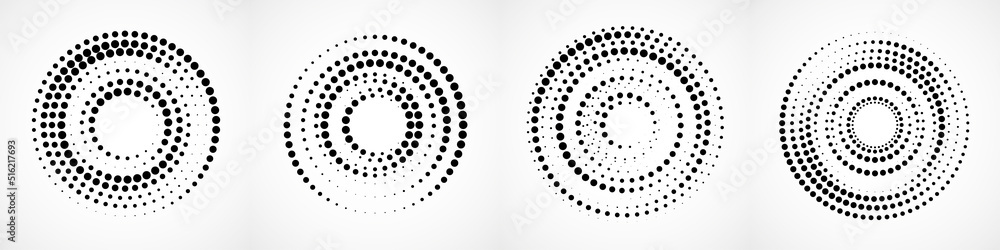 Vector set of halftone dotted background in circle form. Circle dots isolated on the white background