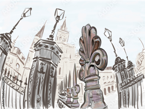 Close up, fisheye view of an iron Fleur de Lis in Jackson Square, French Quarter, New Orleans, with the St. Louis Cathedral beyond. Hand drawn illustration. 
