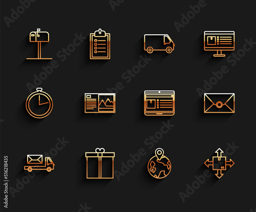 Set line Post truck, Gift box, Open mail, Worldwide, Cardboard with traffic symbol, Postcard, Envelope and Laptop app delivery tracking icon. Vector