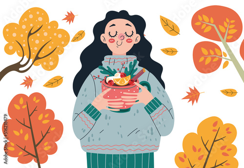 Woman character walking autumn park forest with hot drink concept. Graphic design element illustration