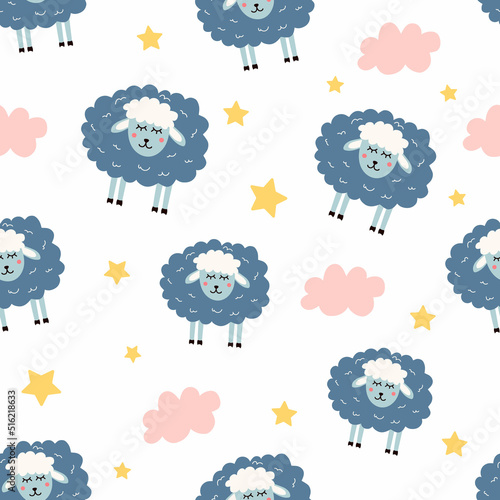 Cute seamless baby pattern with sheep and clouds. Hand-drawn vector pattern. Print for fabric, bedding, stationery and baby clothes