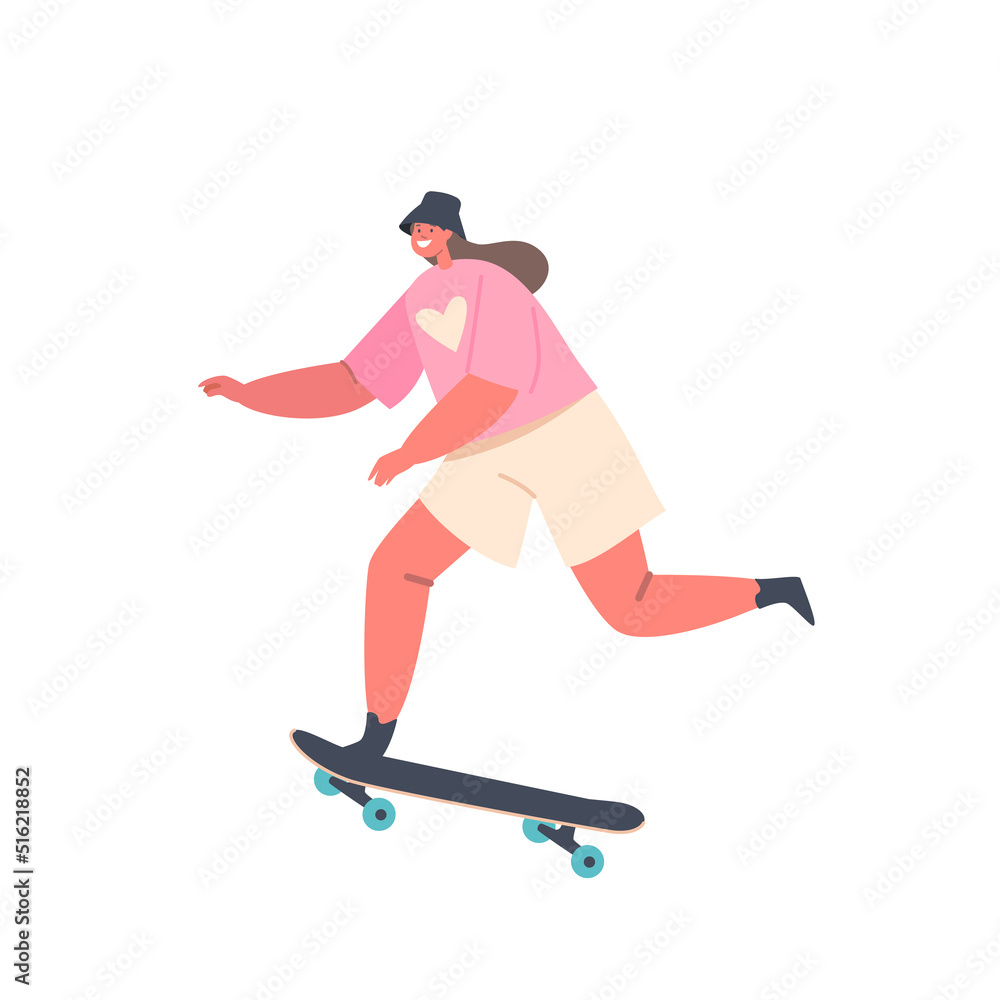 Skateboarding Hobby. Young Girl Character Perform Stunts on Skateboard at Rollerdrome. Stylish Skating Teenager Jumping