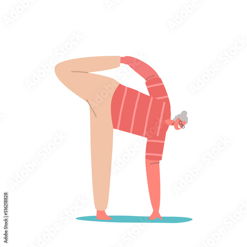 Grandmother Doing Gymnastics. Elderly Female Character Yoga, Stretching, Pilates Practice. Isolated Senior Woman Fitness