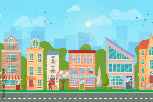 City street. Panoramic cityscape with bright houses  walking pedestrians  flowering trees. Shop and stores. Spring city. Vector illustration in cartoon style.