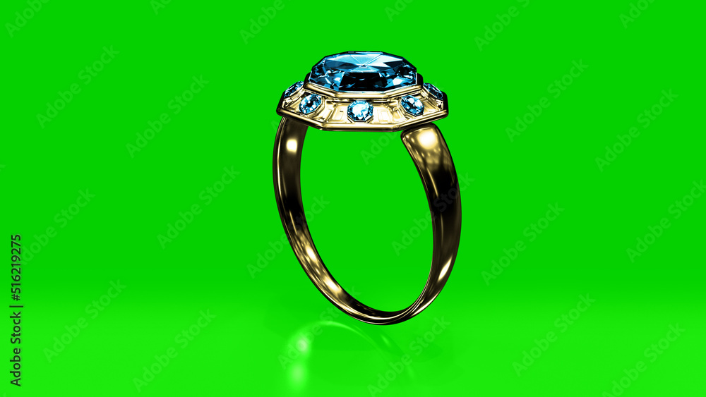 golden ring with blue topaz gem on chroma key screen, isolated, fictitious design - object 3D illustration golden ring with blue topaz gem on chroma key screen, isolated, fictitious design - object 3D illustration