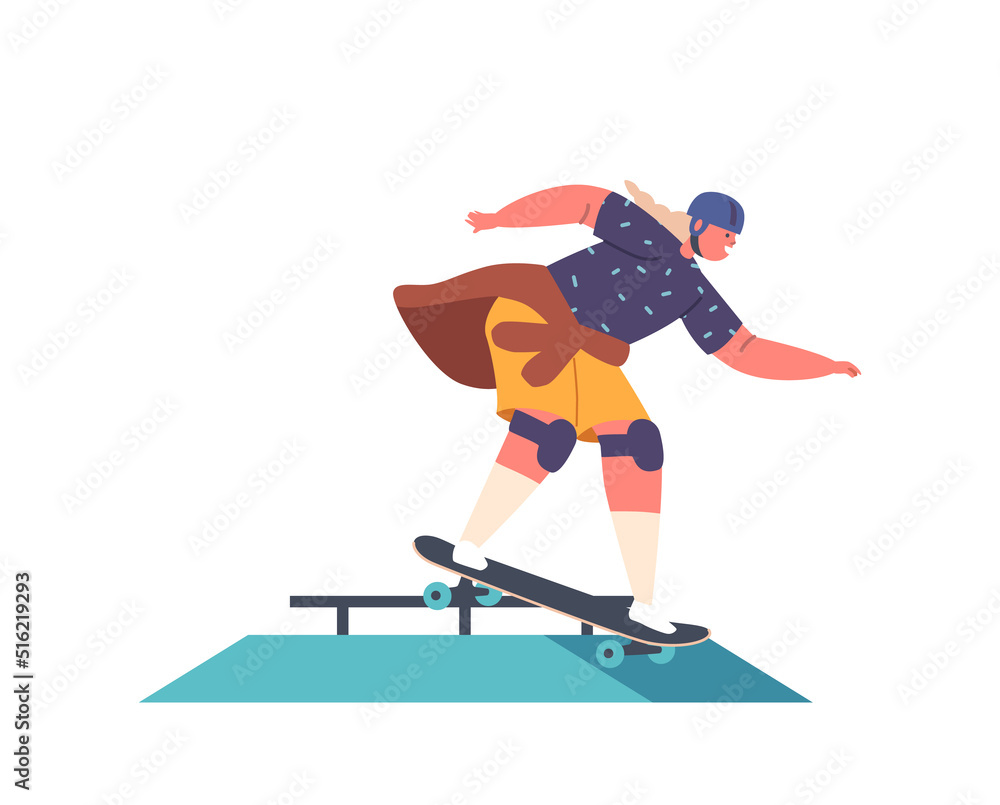 Obraz premium Little Girl Rolling On Skateboard Jump Over Barrier, Kid Character Perform Stunt on Rollerdrome. Stylish Preteen Skating