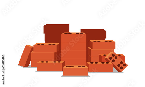 Pile Of Red Bricks, Construction And Building Materials Isolated On White Background. House Structure Elements, Masonry