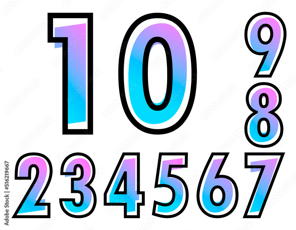 Set of vector numbers with blue-purple gradient color and black outline Set of vector numbers with blue-purple gradient color and black outline
