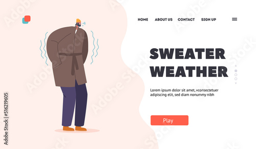 Wintry Freeze Landing Page Template. Freezing Male Character Wear Warm Winter Clothes Breathe with Steam