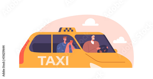 Taxi Driver And Client In Taxi Salon Side View. Man Driving Car, Passenger With Smartphone. Characters In Taxi Cab
