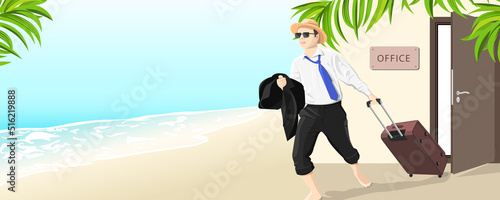 A man goes on a long-awaited vacation from the office door to the beach with the sea