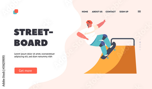 Street Board Landing Page Template. Boy in Jumping on Skateboard at Quarter Pipe Ramp. Skateboarder Teen Character
