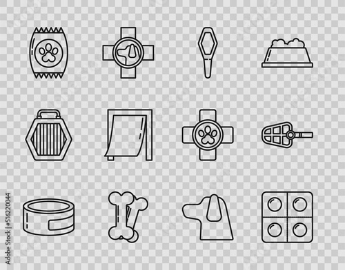 Set line Canned food, Dog and pills, Pets vial medical, bone, Bag of for pet, Door, and muzzle icon. Vector