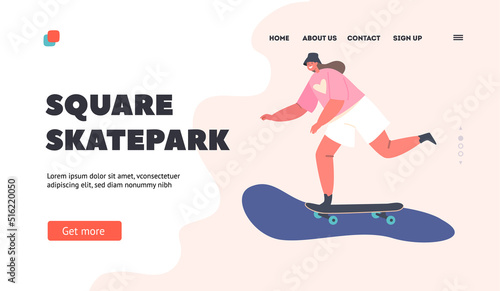 Square Skatepark Landing Page Template. Little Girl Skating and Jumping on Skateboard. Child Skateboarding Hobby