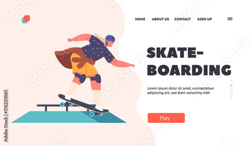 Skateboarding Landing Page Template. Girl Rolling on Skateboard Jump over Barrier, Kid Character Perform Stunts