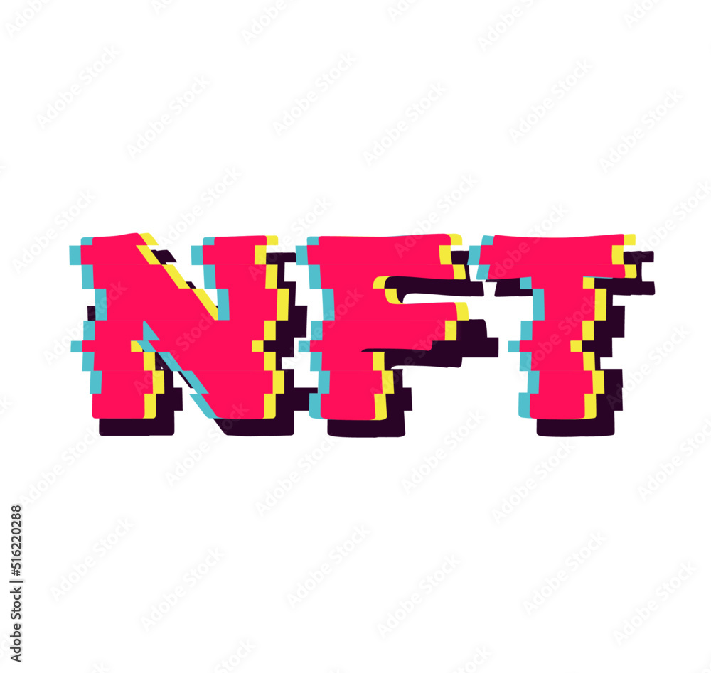 NFT inscription in glitch style in a cube. Metaverse. Token. Vector stock illustration. isolated. Lettering for commerce NFT inscription in glitch style in a cube. Metaverse. Token. Vector stock illustration. isolated. Lettering for commerce