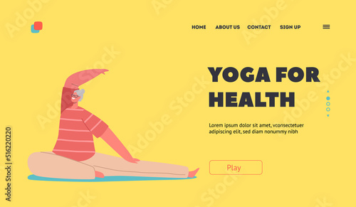 Yoga for Health Landing Page Template. Senior Female Character in Sportswear Engage Yoga Practice. Pilates Workout Class