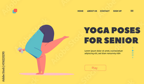 Yoga Poses for Seniors Landing Page Template. Elderly Male Character Stand on Hands with Raised Legs in Yoga Asana Pose