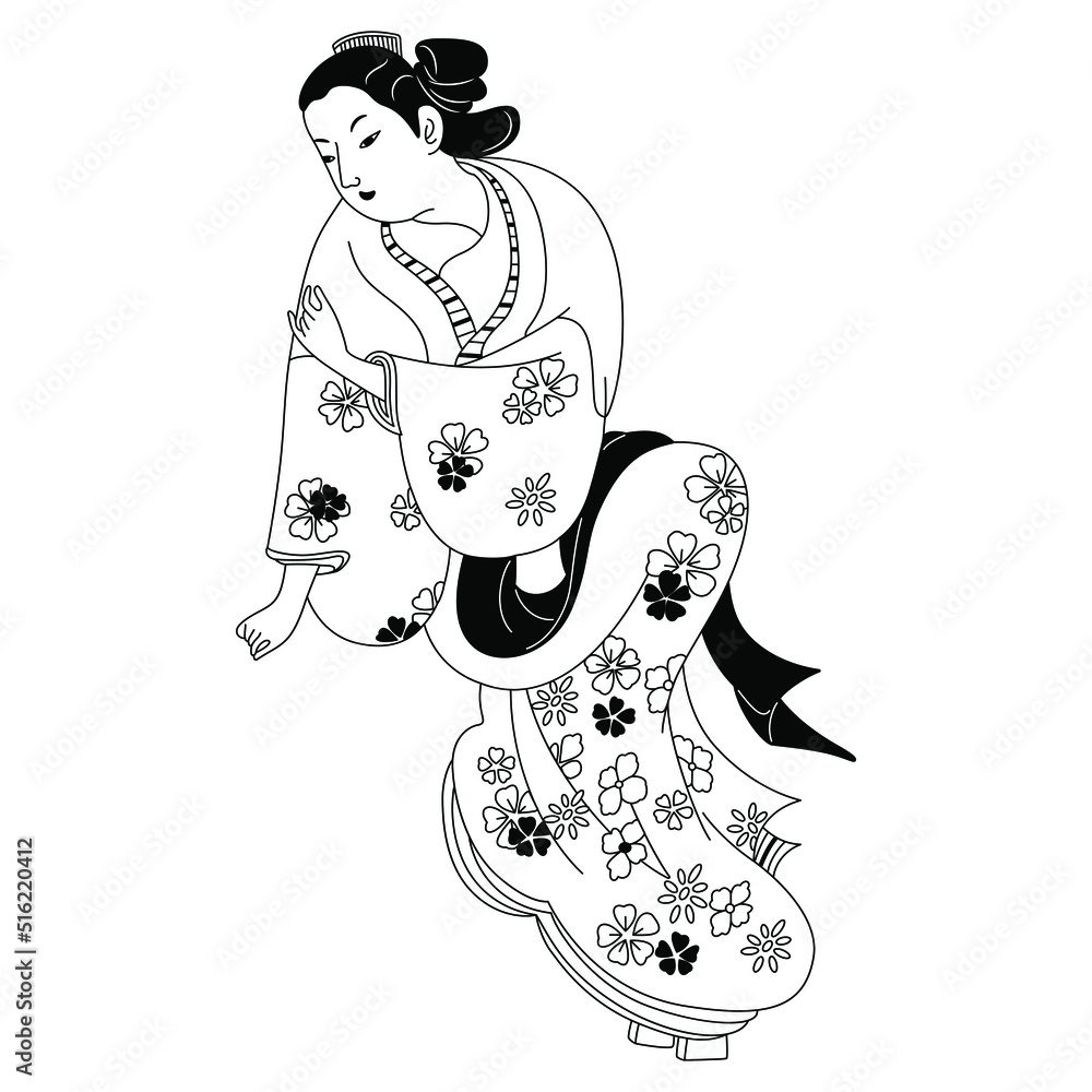 Sitting Japanese lady in kimono. Art of Okumura Masanobu. Black and ...
