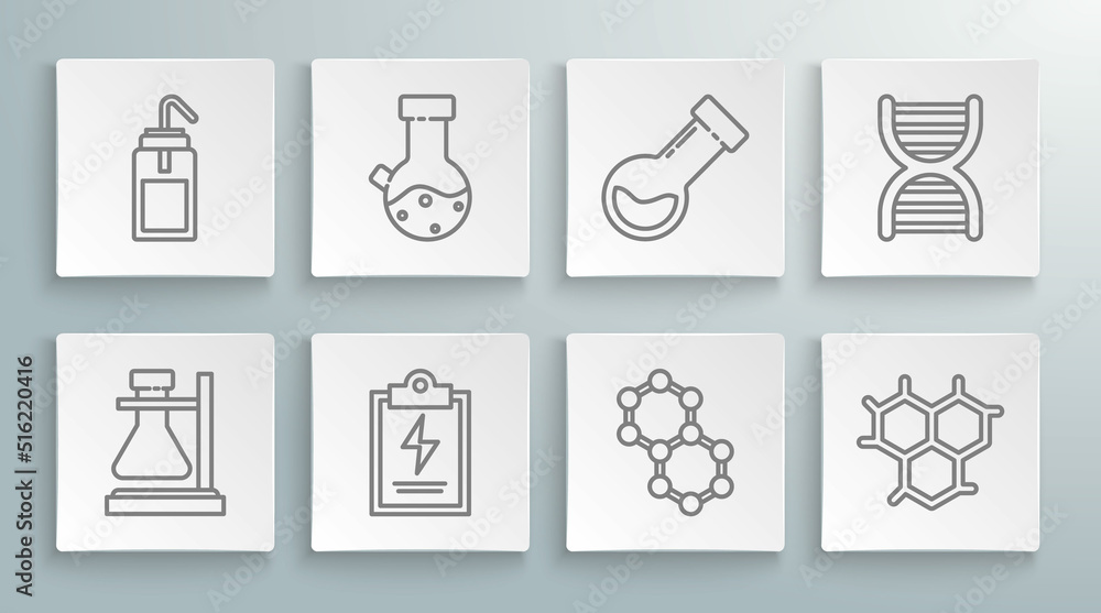 Set line Test tube flask on stand, chemical, Laboratory clipboard with checklist, Molecule, Chemical formula, DNA symbol and wash bottle icon. Vector Set line Test tube flask on stand, chemical, Laboratory clipboard with checklist, Molecule, Chemical formula, DNA symbol and wash bottle icon. Vector