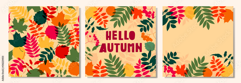 Set of floral frames isolated on the beige background. Cute colorful autumn leaves wreath perfect for wedding invitations and greeting cards. Fall concept, hello autumn. Set of floral frames isolated on the beige background. Cute colorful autumn leaves wreath perfect for wedding invitations and greeting cards. Fall concept, hello autumn.