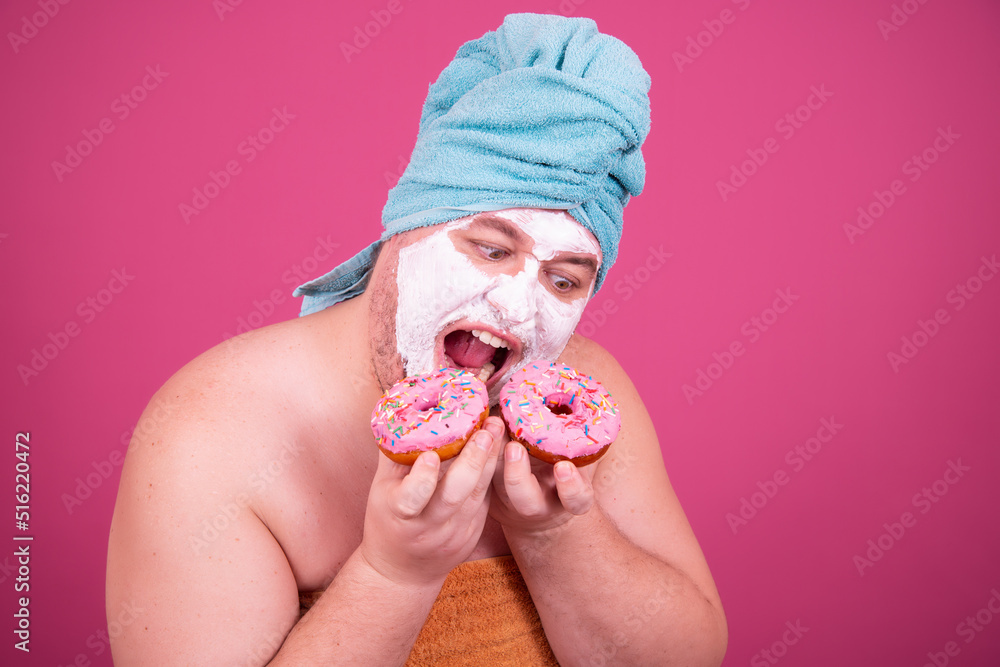 Funny fat man and beauty procedures. Clay mask. Funny fat man and beauty procedures. Clay mask.