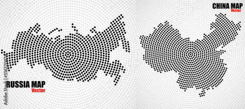 Union Russia and China of radial dots, maps with halftone concept. Vector illustration