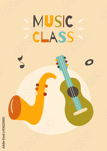 Vector illustration for music class. Children music kids poster. Printable nursery design poster with guitar and trumpet. 