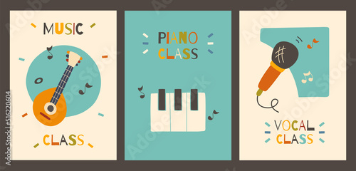 Set of kids flyers of music classes. Musical posters for children. Nursery posters with piano, guitarmicrophone. Printable collection. 