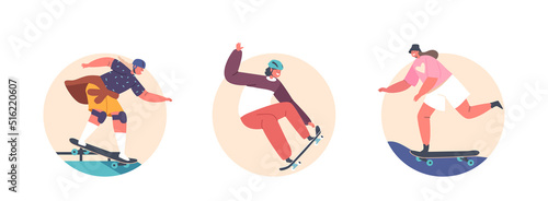 Skateboarding Hobby, Skateboarder Characters Avatars or Round Icons. Teens Perform Stunts on Rollerdrome Jump on Board