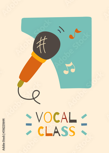 Vocal classes for children - printable vector poster. Flat kids illustration.