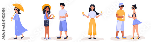 Set of People UV protective skin. Using sunscreen, umbrella, sunglasses, sun hat. Vector flat illustration.