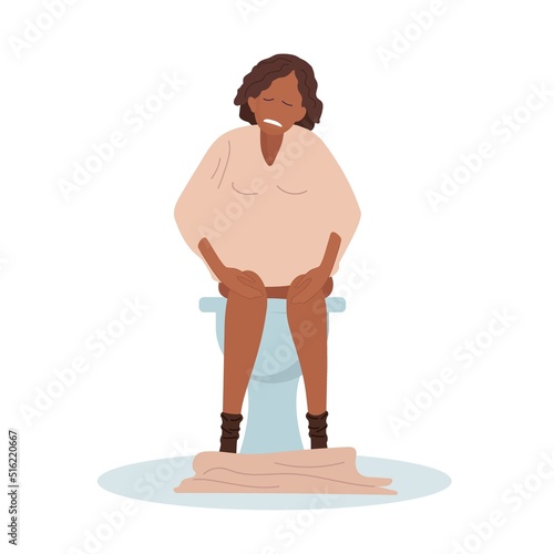 Upset woman sitting on toilet. African-American woman suffers from constipation, diarrhea, stomach ache. Health care concept. Vector illustration isolated on white. Medical, digestion, food poisoning