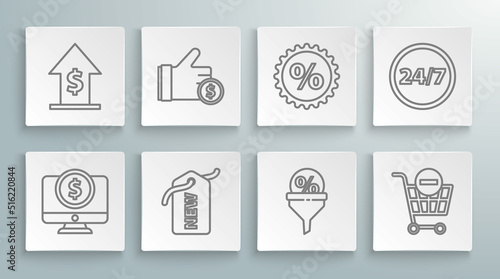 Set line Computer monitor with dollar, Hand holding coin, Price tag New, Lead management, Remove shopping cart, Discount percent, Clock 24 hours and Financial growth icon. Vector