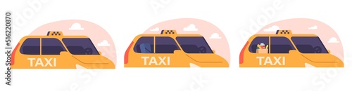 Set Taxi Cars, Yellow Taxicab with Checker Oracle and Light Box on Roof Isolated on White Background, Automobile Service