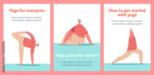 Yoga for Seniors Cartoon Banners. Elderly Female Character Asana Poses. Old Lady Practice Meditation and Stretching