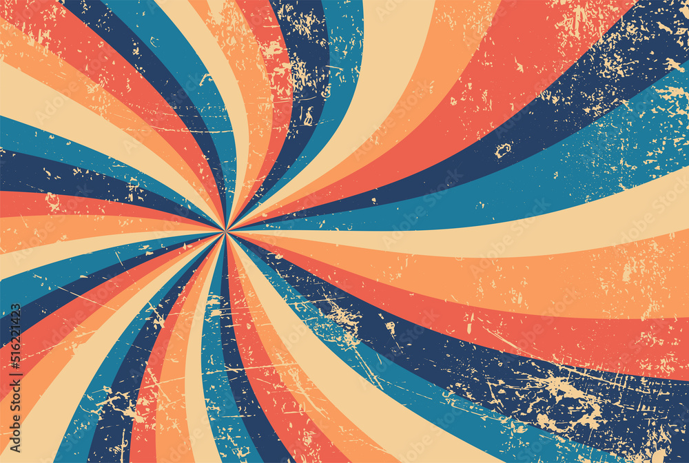 groovy retro starburst sunburst background pattern in grunge textured vintage color palette of blue orange and beige white with spiral or swirled radial striped design, old 60s hippy background vector