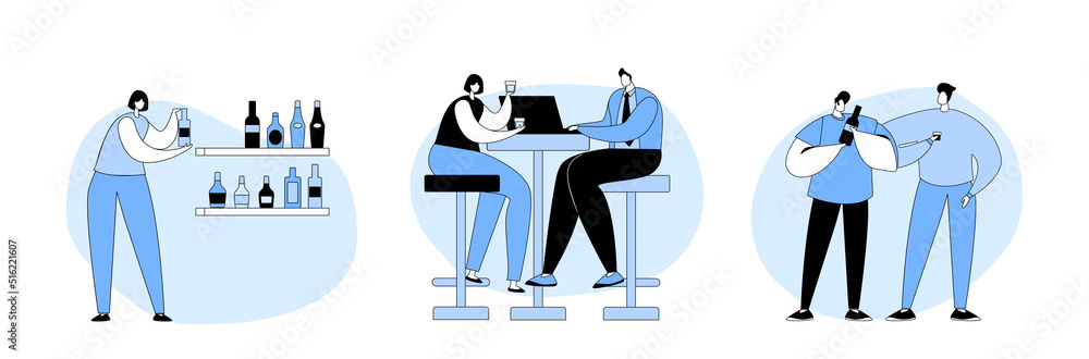 Set People in Bar, Recreation Concept. Characters Visit Pub, Couple Sit at High Chairs Drinking Alcohol on Counter Desk, Businessman Work on Laptop, Barman and Friends. Linear Flat Vector Illustration Set People in Bar, Recreation Concept. Characters Visit Pub, Couple Sit at High Chairs Drinking Alcohol on Counter Desk, Businessman Work on Laptop, Barman and Friends. Linear Flat Vector Illustration