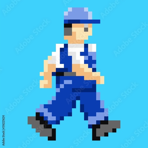 vector clip art of handyman cartoon character walking pixel style