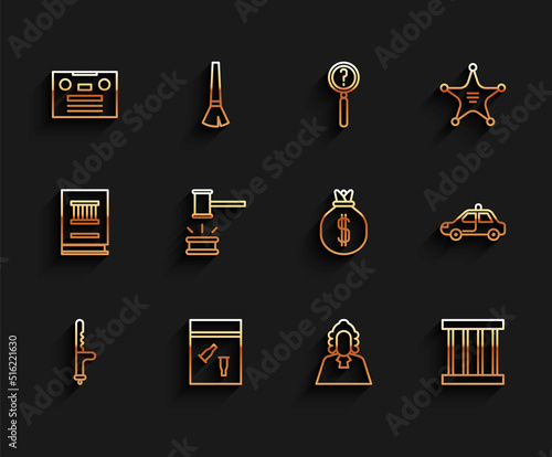 Set line Police rubber baton, Evidence bag and bullet, Retro audio cassette tape, Judge, Prison window, gavel, car flasher and Money icon. Vector