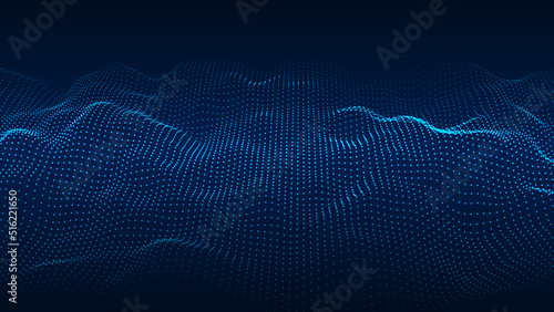A moving digital 3d wave. Futuristic dark background with dynamic blue particles. The concept of big data. Cyberspace. Vector illustration.