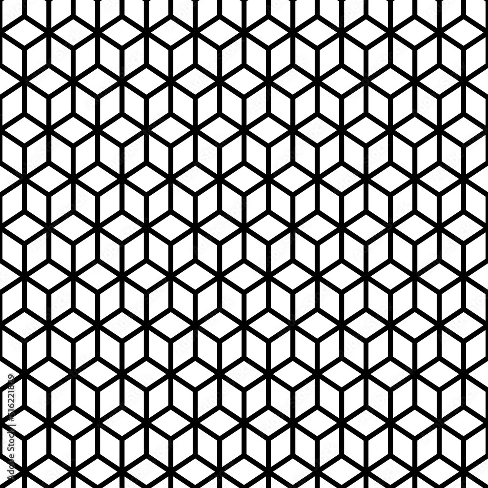 Fototapeta premium Repeated white cubes with black edges background. Geometric shapes wallpaper. Seamless surface pattern design with polygons. Cubic motif. Digital paper with dices for web designing, textile print.