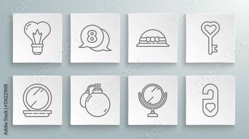 Set line Makeup powder with mirror, 8 March in speech bubble, Perfume, Round makeup, Please do not disturb heart, Elegant women hat, Key shape and Heart light bulb icon. Vector