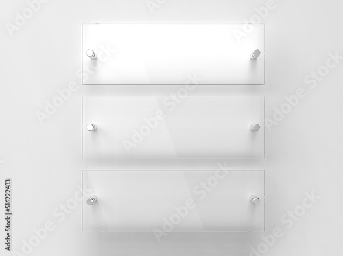 Three blank transparent glass interior corporate signage plates Mock up template, Clear boards for branding, logo. Transparent acrylic advertising signboards mock-up front view. 3D rendering
