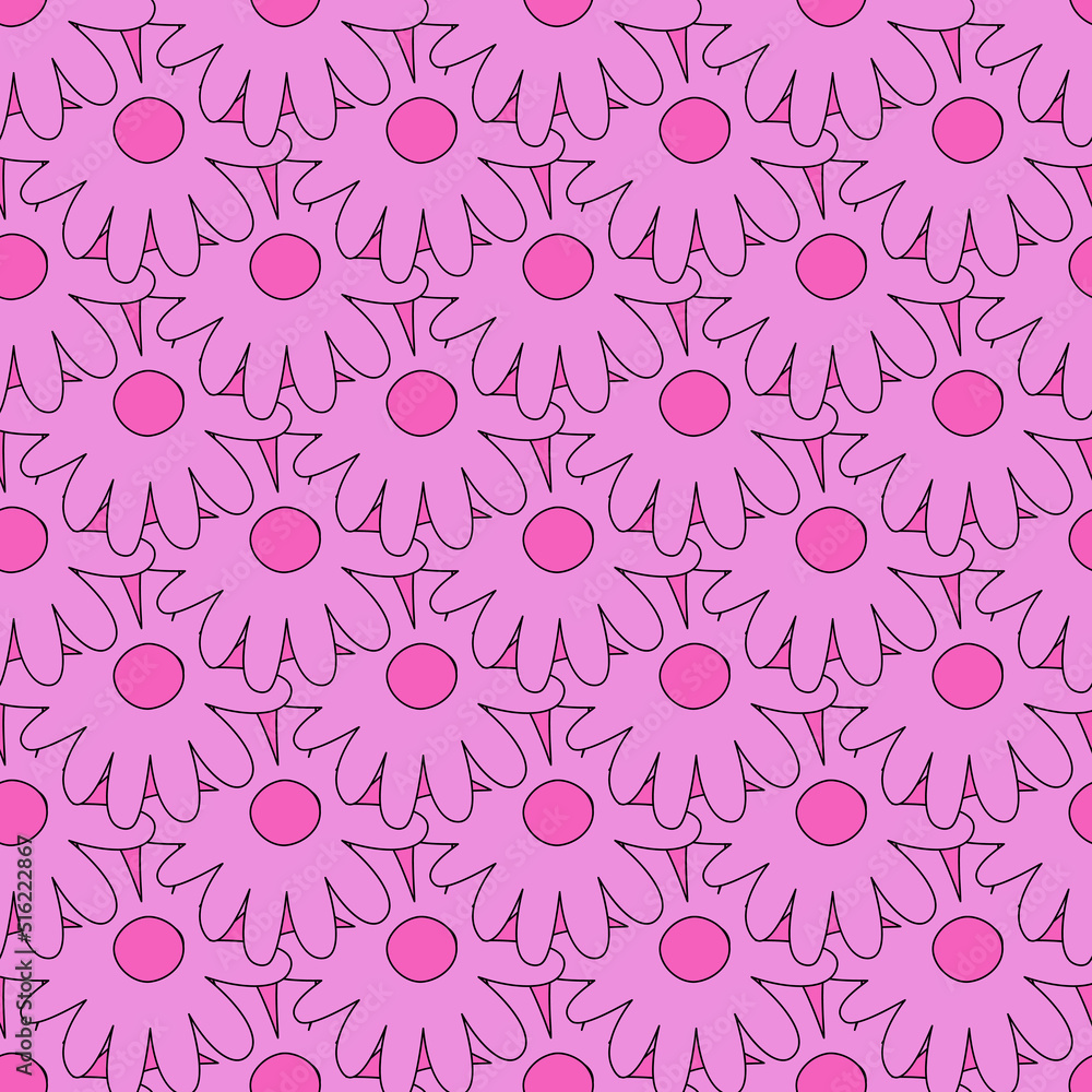 square vector seamless pattern - flower in hippie style.1970 good vibes.Funky and groovy 1970 daisy flower.Funky 1960 psychedelic ornament with floral.Kidcore kawaii wallpaper and fabric.Floral naive	