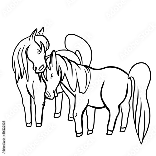 Horses graze in a meadow  a pair of horses  ponies  fabulous  cartoon characters  drawing  coloring for children