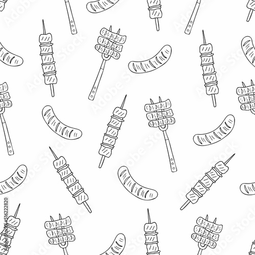 Seamless barbecue pattern design. Hand drawn barbecue food pattern design in vector. Doodle barbecue illustrations pattern.